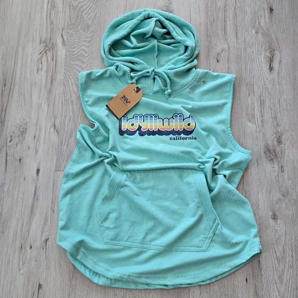 Idyllwild | turquoise graphic print short sleeve hoodie sweatshirt | WMS XL